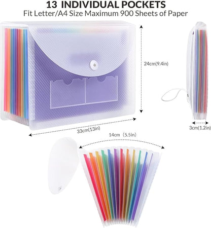 SKYDUE Accordion File Organizer, 12 Pockets File Folders, Letter Size Expanding File Folder with Colored Tabs and Expandable Cover (Transparent)