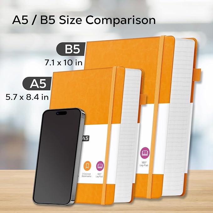 Leather Lined Notebook Journal, 320 Pages Hardcover Notebook Journals for Writing Note Taking Women & Men, B5 (7.1'' X 10'') College Ruled Daily Notebook Journal, Orange