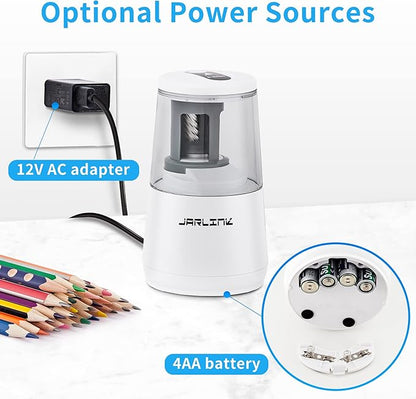 JARLINK Electric Pencil Sharpener, Heavy-Duty Helical Blade to Fast Sharpen, Auto Stop for No.2/Colored Pencils(6-8mm), USB/Battery Operated in School Classroom/Office/Home (White)