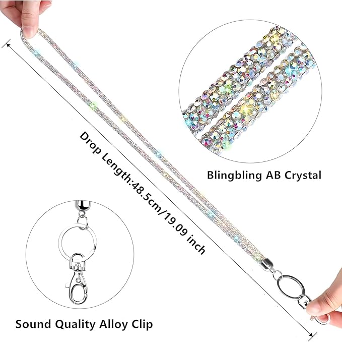 Fashion 34.8'' All Round Crystal Neck Strap Lanyard,Retractable Bling ID Badge Holder,Rhinestone Necklace Work Name Badge Reel Clip For Women(1PC,AB)