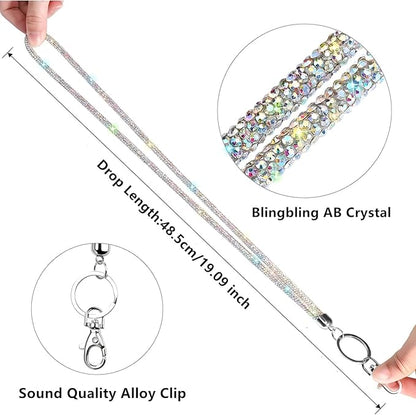 Fashion 34.8'' All Round Crystal Neck Strap Lanyard,Retractable Bling ID Badge Holder,Rhinestone Necklace Work Name Badge Reel Clip For Women(1PC,AB)