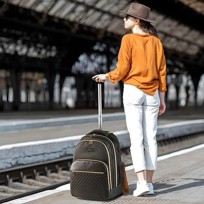 Rolling Backpack Carry On Luggage For Adults With Wheels, 40L Wheeled Backpack For Women, Travel Roller Backpack, Rolling Bag, Black Gold