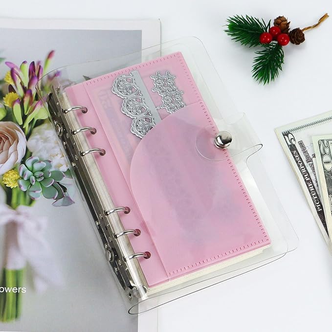 A6 Binder Pockets with No Zipper, Koqye Blue 10 Pcs Plastic Zipless Budget Envelopes, Two Pockets Frosted Cash Envelopes Money Bag for Budgeting, Cash Stuffing (Pink A)