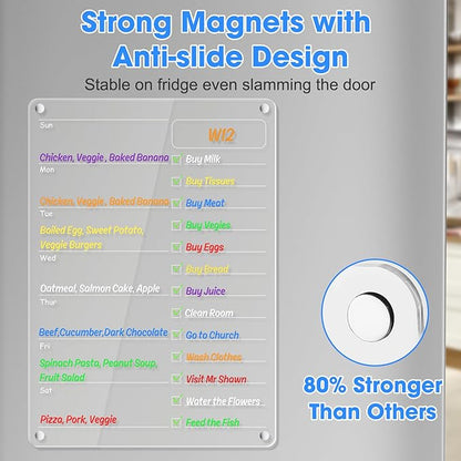 Acrylic Meal Planner Magnetic Menu Board for Kitchen Fridge Planning Board to Do List Shopping List Grocery List w/ 8 Markers, Clear Weekly Calendar for Refrigerator Dry Erase Board, 12x9’’