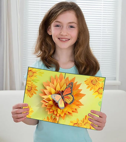 Flying Butterfly Pop Up Card, 3D Sunflower and Butterfly Birthday Popup Card for Valentines Day, Graduation, Anniversary, Thinking of You, Thank You, All Occasions