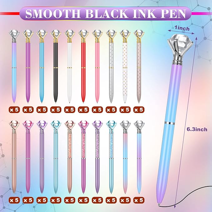 Sherr 100 Pack Big Crystal Diamond Pens Cute Ballpoint Pens Retractable Ballpoint Rhinestones Crystal Bling Gem Plated Black Gel Ink Office Supplies Gifts for Women(Elegant,Assorted)