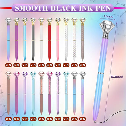 Sherr 100 Pack Big Crystal Diamond Pens Cute Ballpoint Pens Retractable Ballpoint Rhinestones Crystal Bling Gem Plated Black Gel Ink Office Supplies Gifts for Women(Elegant,Assorted)