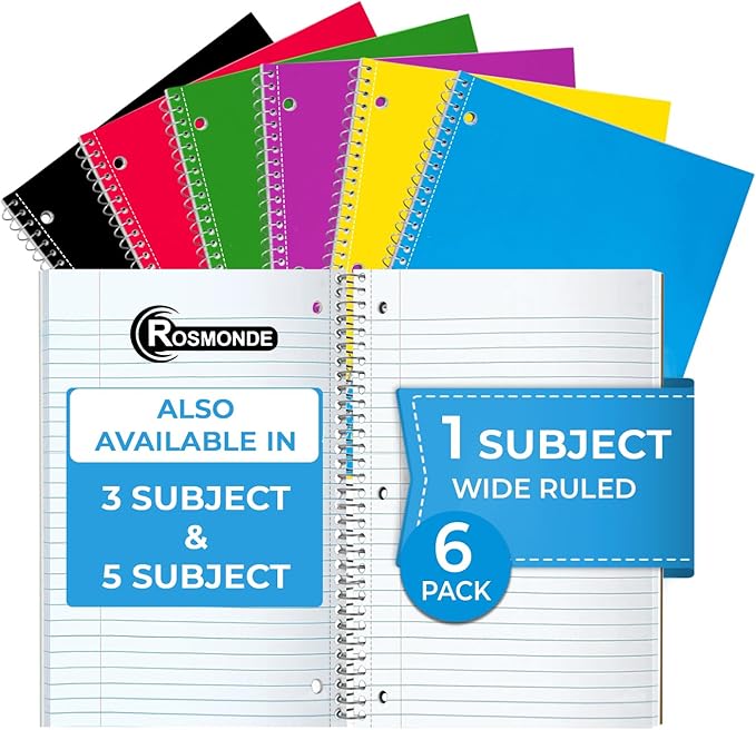 1 Subject Notebook Wide Ruled, 6 Pack, 70 Sheets (140 Pages), 8 x 10-1/2, 3 Hole Punched Notebooks, Thick No-Bleed Paper, Sturdy Back, Wide Ruled Notebook for School & Office, Assorted Colors
