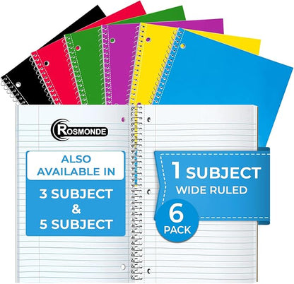 1 Subject Notebook Wide Ruled, 6 Pack, 70 Sheets (140 Pages), 8 x 10-1/2, 3 Hole Punched Notebooks, Thick No-Bleed Paper, Sturdy Back, Wide Ruled Notebook for School & Office, Assorted Colors