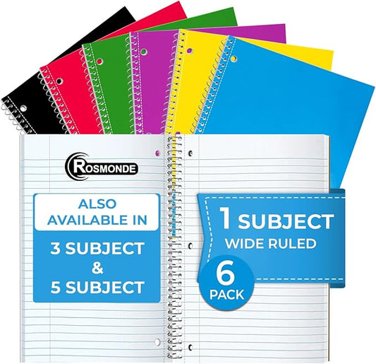 1 Subject Notebook Wide Ruled, 6 Pack, 70 Sheets (140 Pages), 8 x 10-1/2, 3 Hole Punched Notebooks, Thick No-Bleed Paper, Sturdy Back, Wide Ruled Notebook for School & Office, Assorted Colors