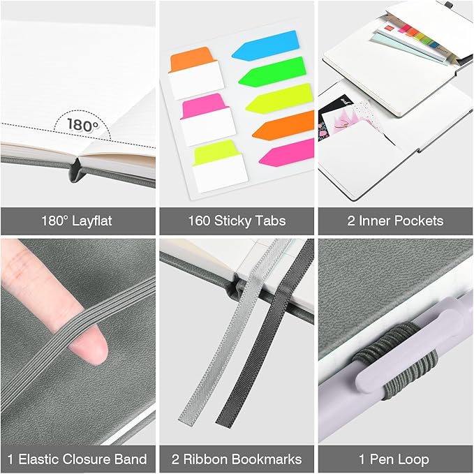 Lined Journal Notebook, 3 Pack A5 College Ruled Notebooks for Work, Hardcover Notebook Each with 2 Pockets & Pen, Leather Journal for Women, Men, 160 Pages, 100GSM Thick Paper (Black, Brown, Grey)