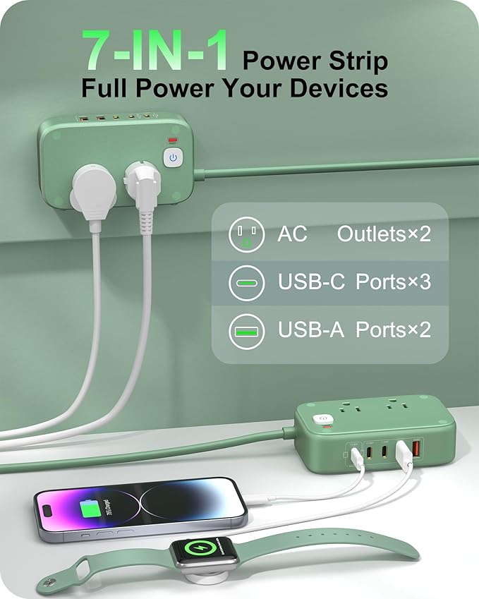 Flat Plug Power Strip, 20W USB C Power Strip with 2500W AC Outlets, 3 USB-C Ports, 2 USB-A Ports, 5FT Flat Extension Cord Outlet Extende Desk Charging Station for Home/Office/Travel Essentials