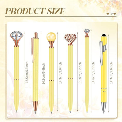 6 Pcs Ballpoint Pens Set Metal Crystal Diamond Pen for Journaling Glitter Pretty Cute Stationery Black Ink Fancy Gifts for Women Girls Teacher Office Wedding School Supplies(Yellow)