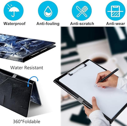 PU Leather Padfolio Clipboard Notepad with Pen Loop and Elastic Strap Interview/Resume Document Organizer for Business School Office,Blue Dragon