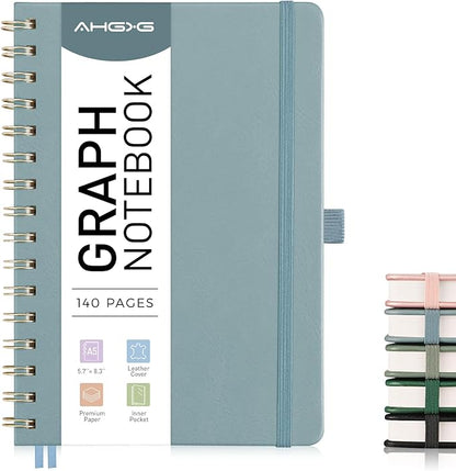 AHGXG Graph Paper Notebook - Spiral Notebook Hardcover Leather Journal 140 Pages, A5 Grid Paper Notebook 5.7" x 8.3", 100 gsm Thick Paper, for School Writing Graphing Engineering, GrayBlue