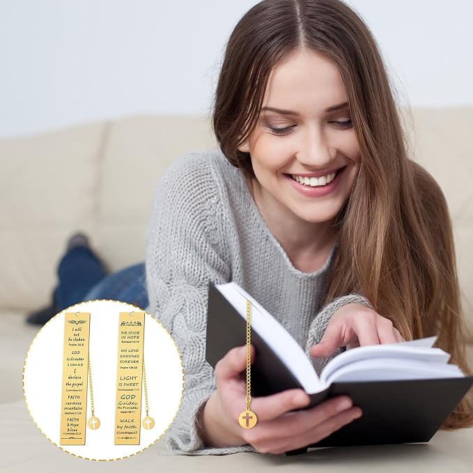 5 Pcs Christian Gifts for Women Metal Religious Bible Verse Bookmark Gifts for Friend Inspirational Christian Bookmarks with Church Cross Chain Scripture Bookmarks for Men Bulk Gift (Gold)