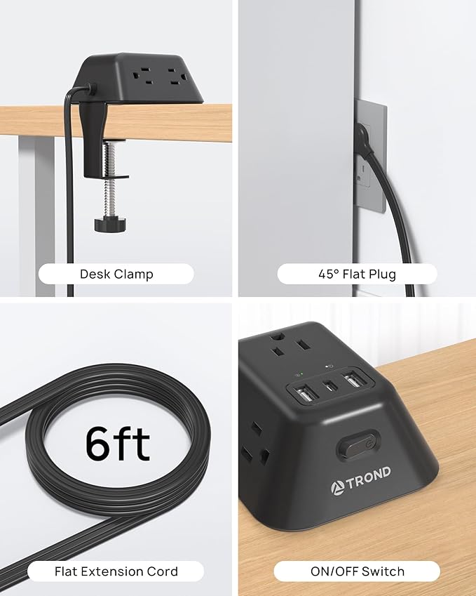 Desk Clamp Power Strip, Surge Protector with 5 AC Outlets and 3 USB Ports, Desk Mount Charging Station, Fit 1.97in Tabletop Edge Thick, 6FT Extension Cord, for Home Office Gaming Accessories