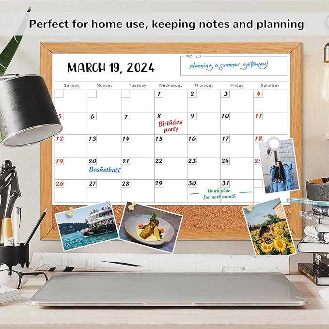 Dry Erase Monthly Calendar Board for Wall, 17"x13" Hanging Board, Magnetic White Boards, Rustic Brown Wood Frame White Board Cork Board Combo, Calendar Bulletin Board for Kitchen Planner Memo Office