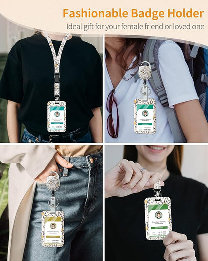 Uniclife 2 Pack Floral Sliding Badge Holder White Blue Flower Plastic Case with Retractable Badge Reel Carabiner Clip and Detachable Lanyard Strap Hard Vertical Card Protector