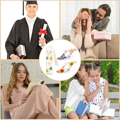 Book Lover Gifts, 2 Pcs Thumb Book Page Holder Dried Flower Resin Book Page Holder and 1 Pcs Bookmark with Tassel, Christmas Gifts Stocking Stuffers for Women Kids