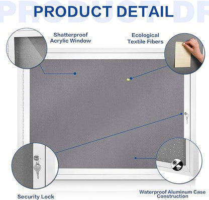 SWANCROWN Enclosed Bulletin Board Grey Felt Displays Boards Weather Resistant Wall Mounted Notice Case,37x28inches