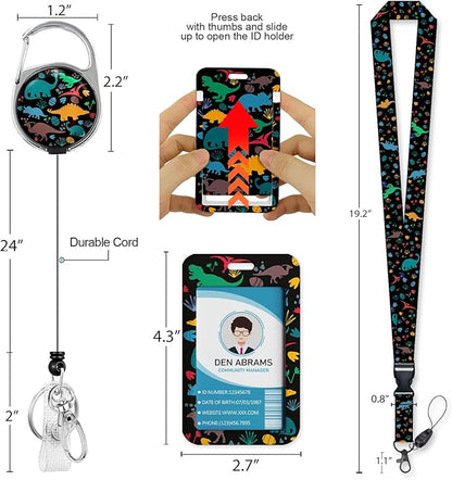 Lanyards for Id Badges, Cute Badge Holder with Retractable Badge Reel Clip, Dinosaur Work Card Name Tag Keychain Lanyard Vertical ID Card Protector for Women Nurse Doctor Teacher Student