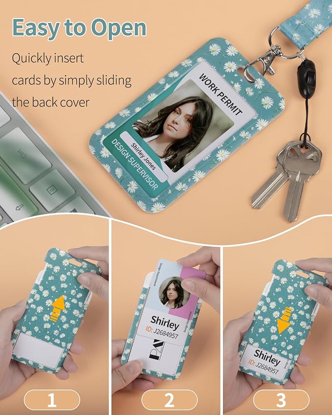 Uniclife Floral Sliding Badge Holder White Daisy Plastic Case with Retractable Badge Reel Carabiner Clip & Detachable Lanyard Strap Fashionable Vertical Card Protector for Women Nurse Teacher Student