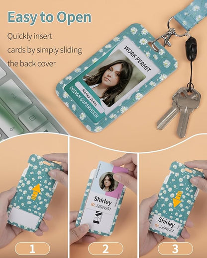 Uniclife Floral Sliding Badge Holder White Daisy Plastic Case with Retractable Badge Reel Carabiner Clip & Detachable Lanyard Strap Fashionable Vertical Card Protector for Women Nurse Teacher Student