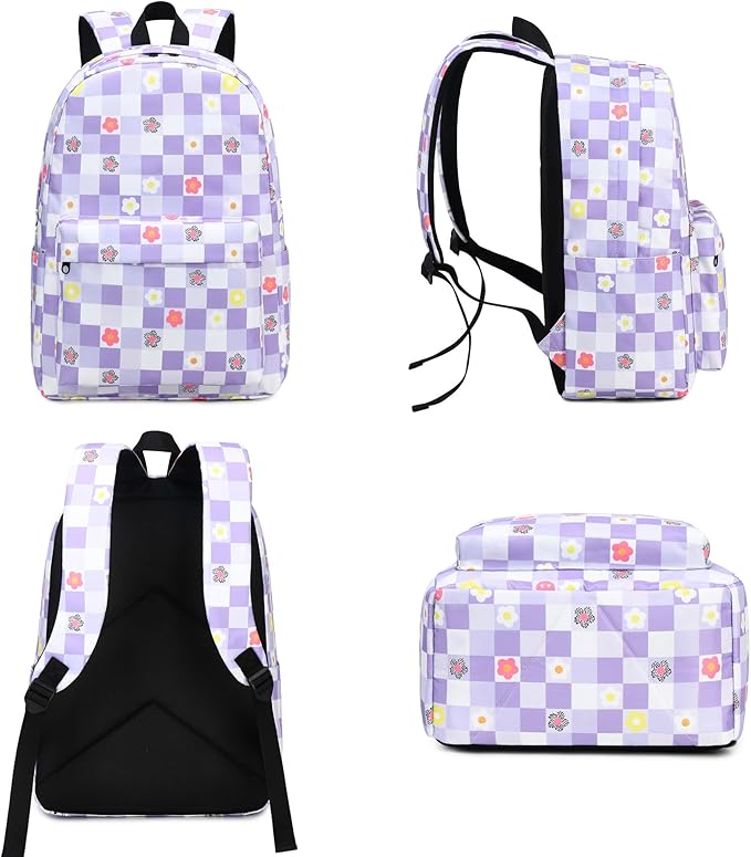 Flowers Checkered School Backpack for Teens Girls, Womens College Bookbags Kids School Bags Laptop Backpacks (Purple)