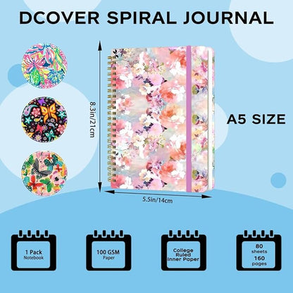 Spiral Notebook - A5 Spiral Notebooks, 8.3'' × 5.8'', 160 Pages, Aesthetic Journaling Notebooks for Women, College Lined Notebook with Elastic Closure, Back Pocket, for School Office, Pink Flower