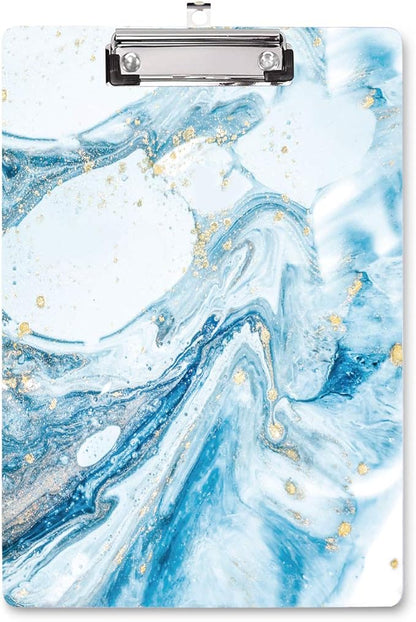 Blue Clipboard, Cute clipboard, WAVEYU Letter Size Clipboard with Low Profile Clip, Retractable Key Hole for Hanging Paperboard for Office School, Teal Marble (12.5"x9")