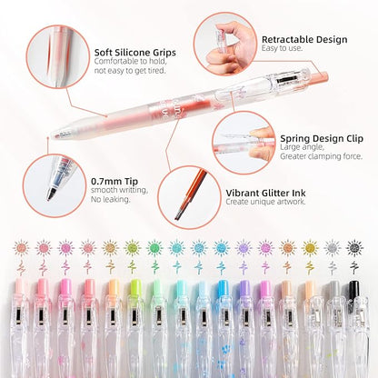 Glitter Gel Pens, 16 Assorted Colors Sparkle Gel Glitter Pens, 0.7mm Fine Tip Retractable Colored Glitter Pens for Adults Journaling Coloring Drawing Doodling (16 COLORS)…