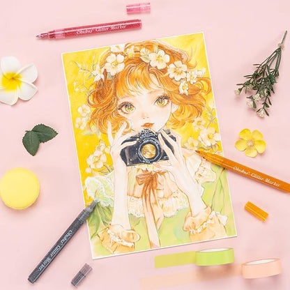 Ohuhu Glitter Markers Pen 24 Glitter Colors Fine Point Tip Water-based Metallic Shimmer Markers for Kids Adults DIY Crafts Greeting Birthday Cards Drawing Coloring Poster Album Scrapbooking Mugs Wood