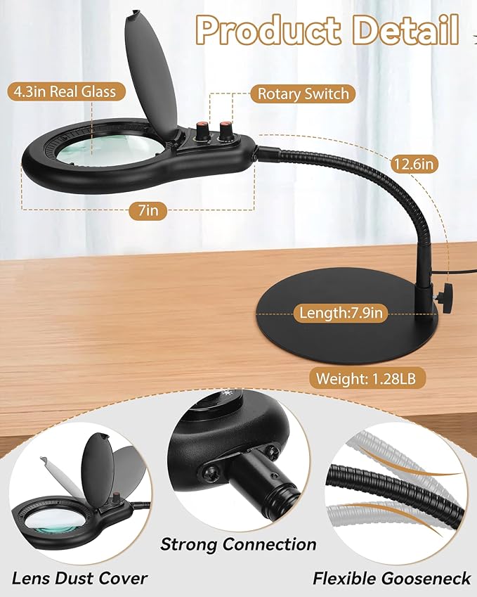 10X Magnifying Glass with Light and Stand, Flexible Gooseneck LED Lighted Desk Lamp with Dust Cover, Modes Stepless Dimming, Hands Free Magnifier for Craft Painting Hobby Reading