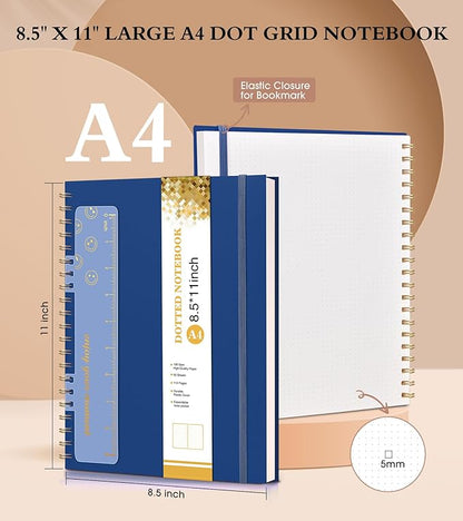 Dotted Notebook, Spiral Notebook Journal 8.5” x 11”, A4 Large Dot Grid Notebooks for Women Men, 100 GSM Dotted Paper, Plastic Hardcover Spiral Bullet Dotted Journals for Work School Sketching, Navy