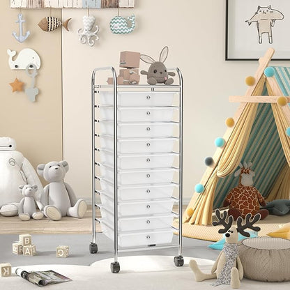Storage Cart, Rolling Utility Cart with 10 Drawers, Portable Handles & Lockable Wheels, Mobile Paper Toys Storage Organizer Large Capacity for Home Office School Teacher (Clear)