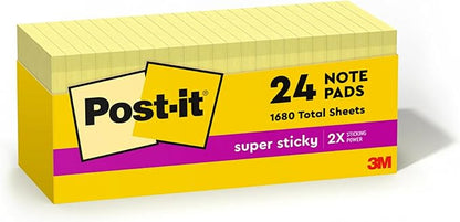 Post-it Super Sticky Notes, 24 Sticky Note Pads, 3 x 3 in., School Supplies, Office Products, Sticky Notes for Vertical Surfaces, Monitors, Walls and Windows, Canary Yellow