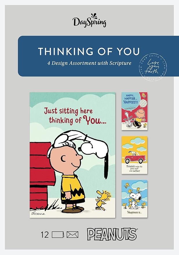 DaySpring - Peanuts - Thinking of You - 4 Design Assortment With Scripture - 12 Boxed Cards & Envelopes