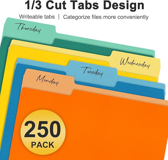 ViVin File Folder, 250 Pack Colored File Folders with 1/3-Cut Tabs, Fits 8.5 * 11 Letter Size Paper, Manilla Folders for Home Office School Documents(Multicolored)