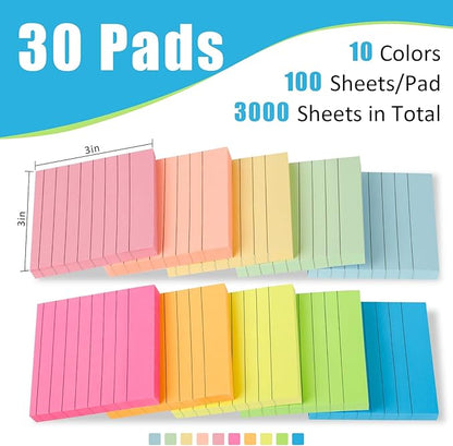 30 Pads Lined Sticky Notes, Sticky Note Pads 3x3 inches, 10 Bright Color Sticky Notes with Lines Self-Stick Note Pads, Perfect for Office Home School(100 Sheet/Pad)