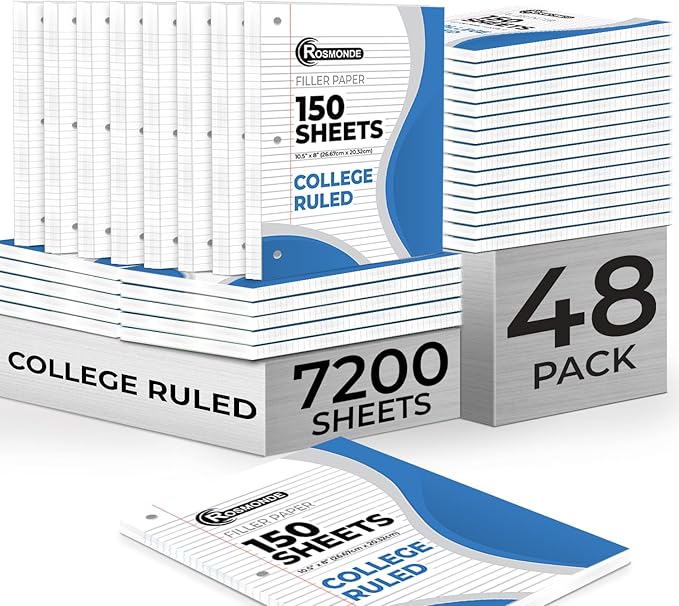 Bulk Loose Leaf Paper, 7200 Sheets, College Ruled Paper, Bulk Filler Paper for Office, 8 x 10.5", 3 Hole Punched, 56 Gsm Thick Paper, 48 Pack, 150 Sheets/Pack, Bulk Notebook Paper for School