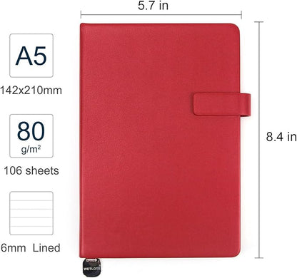 A5 Hard Cover Notebook with Pen Holder, Gold Edges & 180° Lay Flat - Large 5x8.25 Lined, Bookmark, Gift Box - Durable Journal for Office, Study, Travel - Writers, Students (Red)