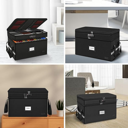 ETRONIK Large Fireproof Document Box with Lock, 2 Layer File Organizer, Portable Office Collapsible File Storage with Reflective Strip for Hanging Letters, Legal Size Folder, Certificate