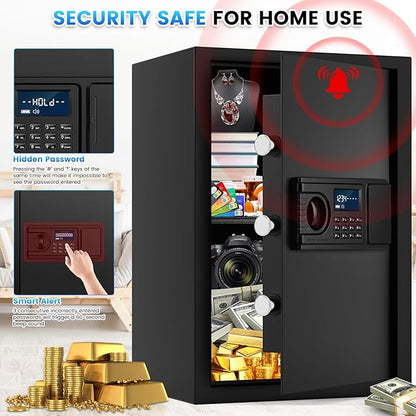 2.6 Cuft Fire Proof Safe for Home Documents, Home Safes Fireproof Waterproof, Fireproof Safe Box with LCD Digital Keypad, Alarm System, Hidden Code, Safety Box For Money Medicine Jewelry