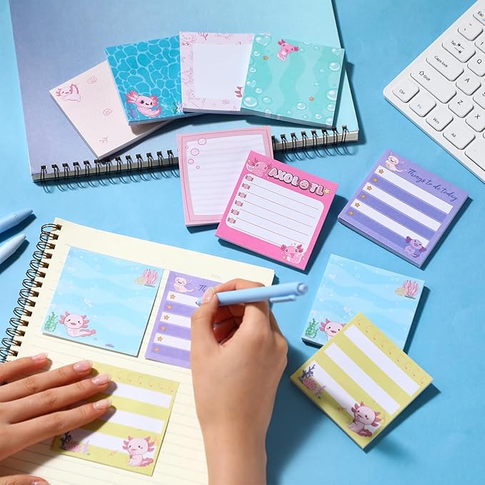 9 Pads Cute Sticky Notes Cartoon Animal Self Stick Notepads 3x3 Inches Notes Adhesive Memo Pad Office Decor Gifts for Students School Office Meeting(Axolotl)