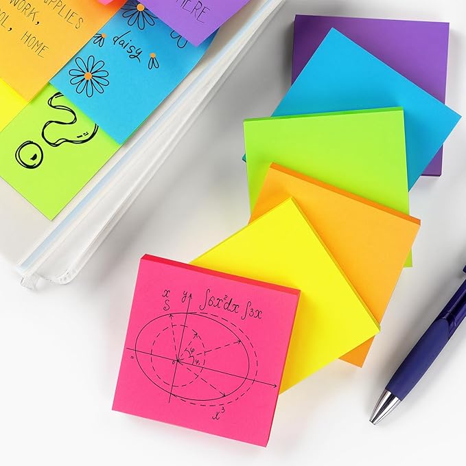 Sticky Notes 3x3 inch Bright Colors Self-Stick Pads 6 Pads/Pack 100 Sheets/Pad Total 600 Sheets