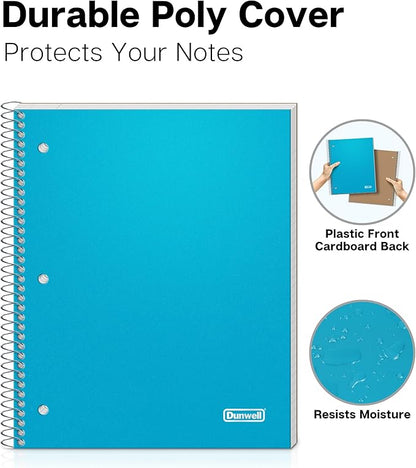Dunwell 3 Subject Notebook College Ruled (Blue), 150 Sheets (300 Pages), Spiral Notebook 8.5 x 11, Plastic Cover, 3 Pocket Divider Folders, 3-Hole Punched Perforated Paper