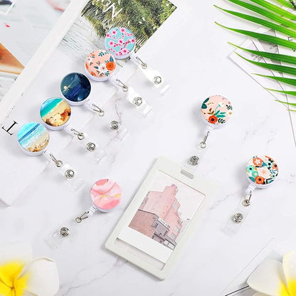 Retractable Badge Reel Clip, Badge Holder with Alligator Clip, Cute Badge Clip on ID Name Card Holders for Nurse Doctor and Office (3Pack Marble Purple & Pink)