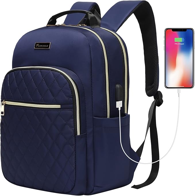Modoker 15.6 Inch Laptop Backpack for Women, Quilted Work Backpack for Women Bookbag Teacher Backpack, Travel Backpack with USB Charging Port, Backpack Purse for Women Nurse, Blue