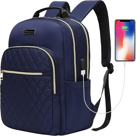 Modoker 15.6 Inch Laptop Backpack for Women, Quilted Work Backpack for Women Bookbag Teacher Backpack, Travel Backpack with USB Charging Port, Backpack Purse for Women Nurse, Blue